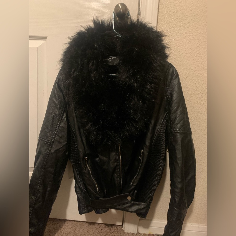Plus size Black leather moto jacket with removable faux fur neck